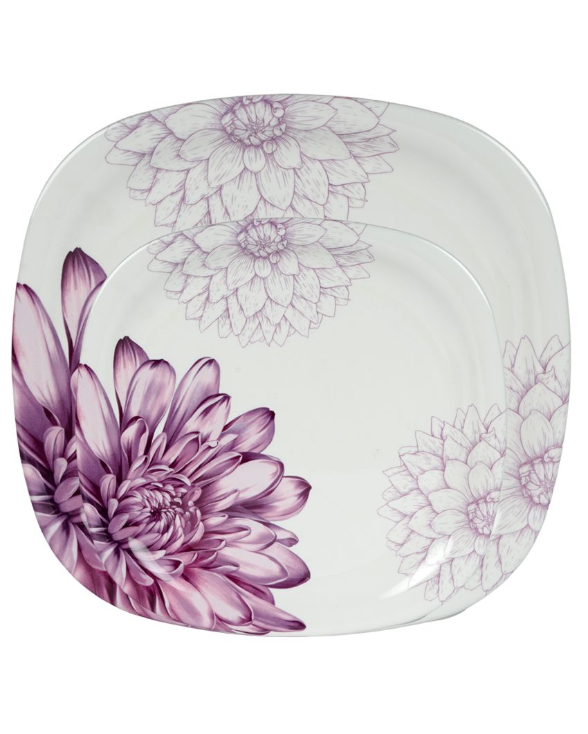 Square Shaped Melamine White Pink Floral Printed Dinner Set | 18 Pcs