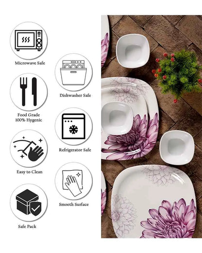 Square Shaped Melamine White Pink Floral Printed Dinner Set | 18 Pcs