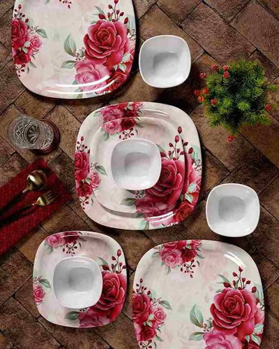 Red Roses Printed Square Melamine Dinner Set | 18 Pcs