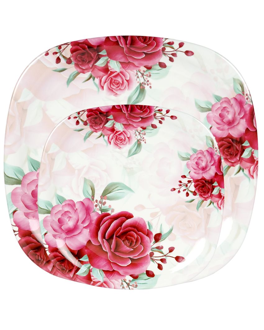 Red Roses Printed Square Melamine Dinner Set | 18 Pcs