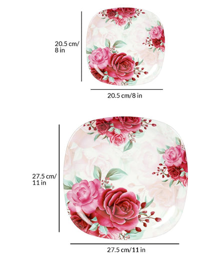 Red Roses Printed Square Melamine Dinner Set | 18 Pcs