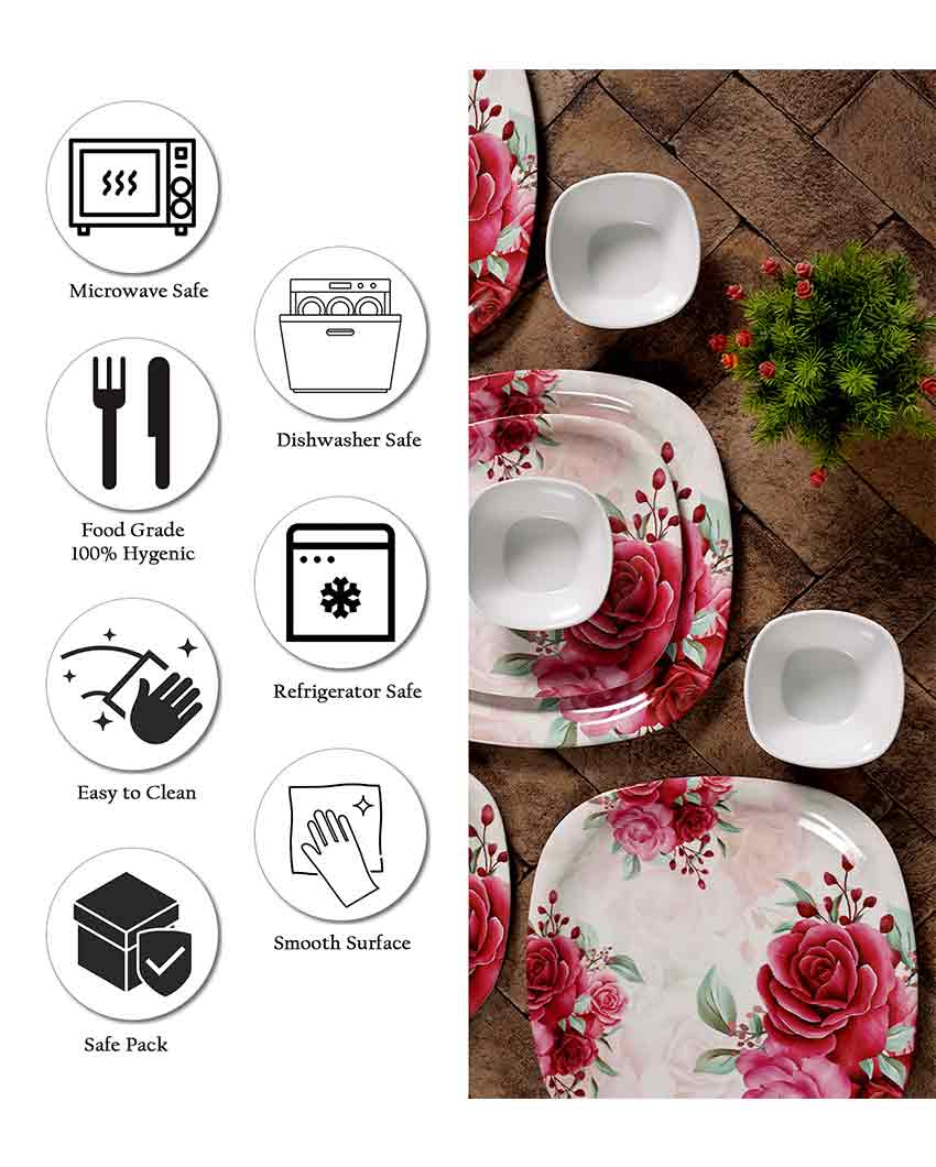 Red Roses Printed Square Melamine Dinner Set | 18 Pcs