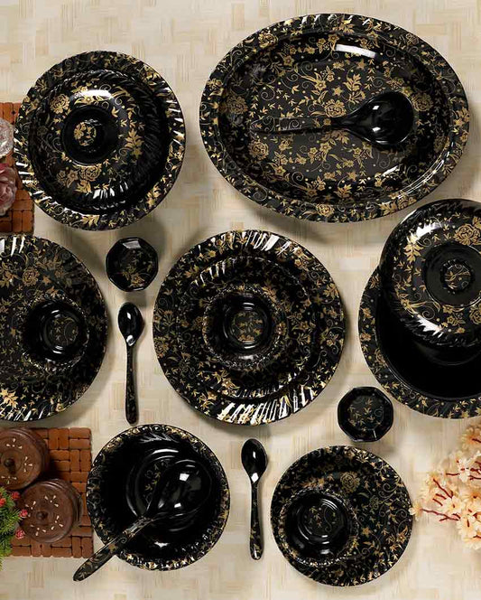 Round Shaped Black Melamine Floral Designed Dinner Set | 46 Pcs