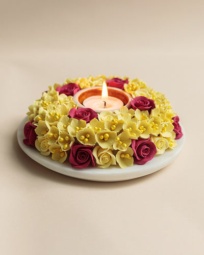 Gloria Flower Design Marble Tealight Candle Holder | 6 x 2 inches