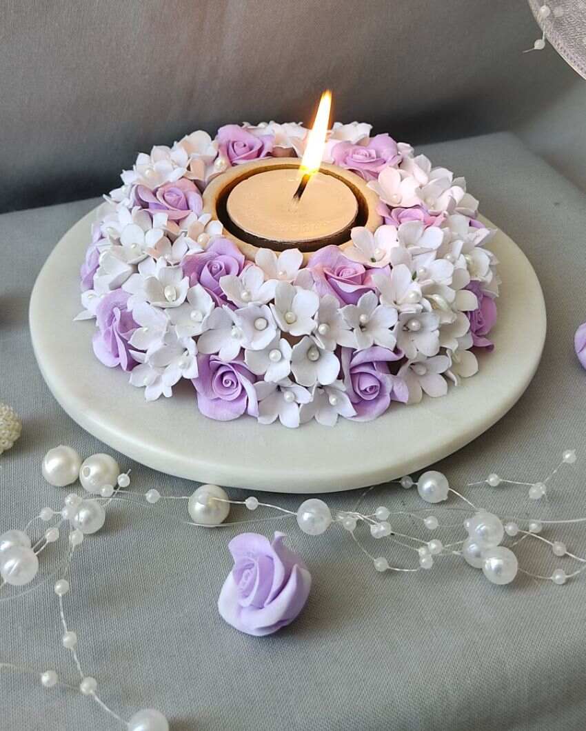 Purple Paradise Flower Design Marble Tealight Candle Holder | 6 x 2 inches