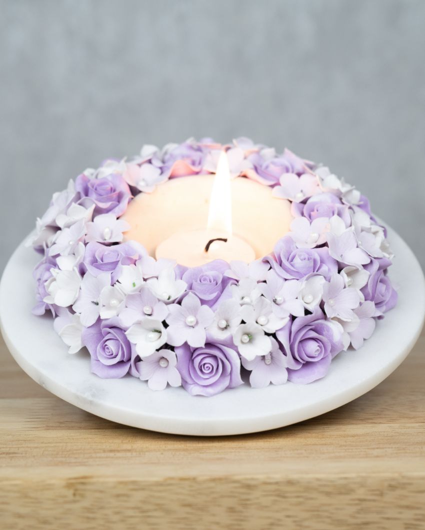 Purple Paradise Flower Design Marble Tealight Candle Holder | 6 x 2 inches