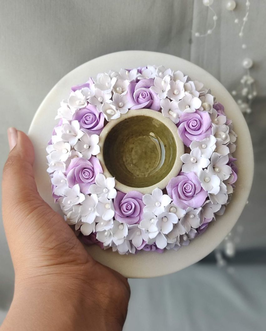 Purple Paradise Flower Design Marble Tealight Candle Holder | 6 x 2 inches