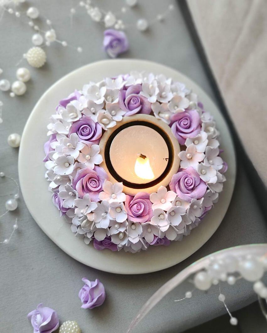 Purple Paradise Flower Design Marble Tealight Candle Holder | 6 x 2 inches