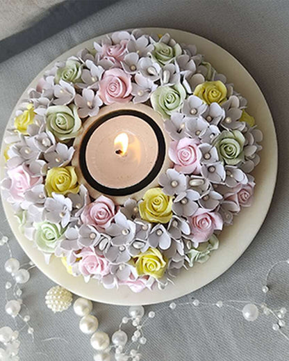 Somber Flower Design Marble Tealight Candle Holder | 6 x 2 inches