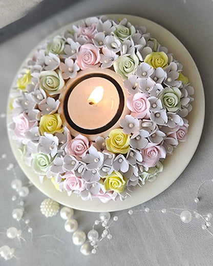 Somber Flower Design Marble Tealight Candle Holder | 6 x 2 inches