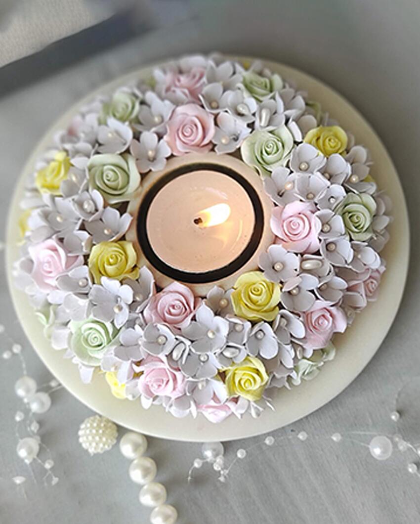 Somber Flower Design Marble Tealight Candle Holder | 6 x 2 inches