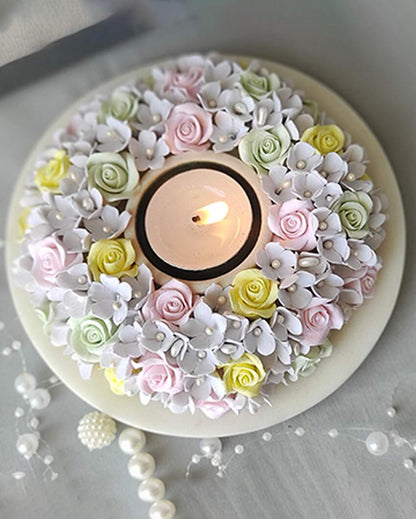 Somber Flower Design Marble Tealight Candle Holder | 6 x 2 inches