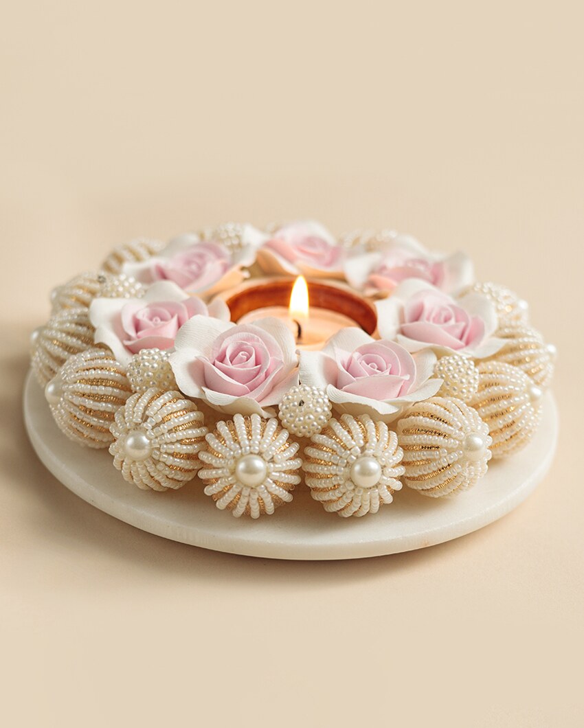 Pearl Flower Design Marble Tealight Candle Holder | 6 x 2 inches