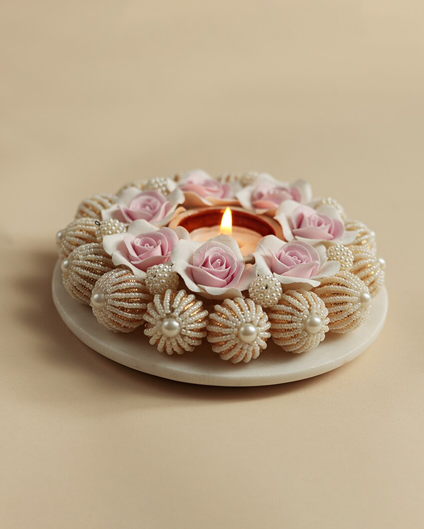 Pearl Flower Design Marble Tealight Candle Holder | 6 x 2 inches