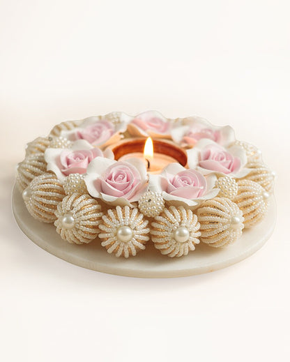 Pearl Flower Design Marble Tealight Candle Holder | 6 x 2 inches