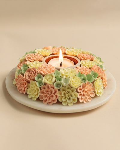 Marigold Flower Design Marble Tealight Candle Holder | 6 x 2 inches