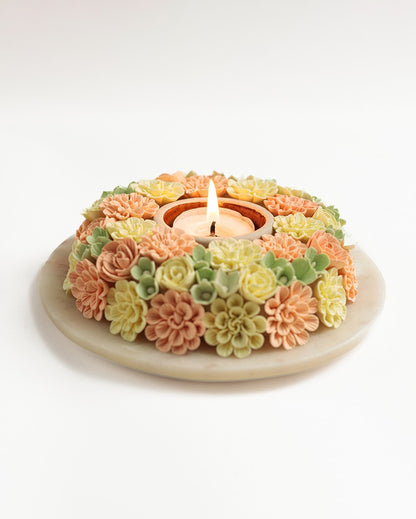 Marigold Flower Design Marble Tealight Candle Holder | 6 x 2 inches