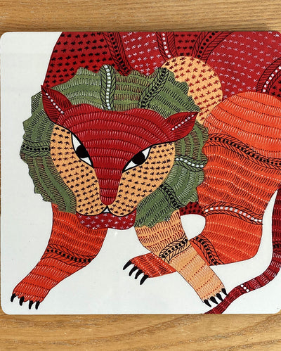 Square Pride Gond Lions In Art Trivet | 8 x 8 inches