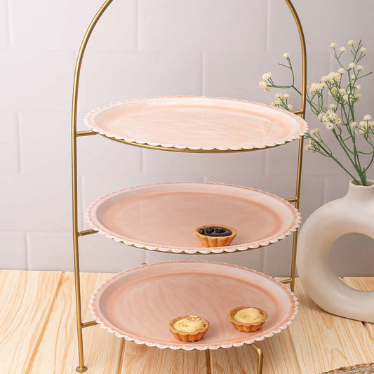 Three Platters Blushing Elegance Cake Stand Pink and Gold