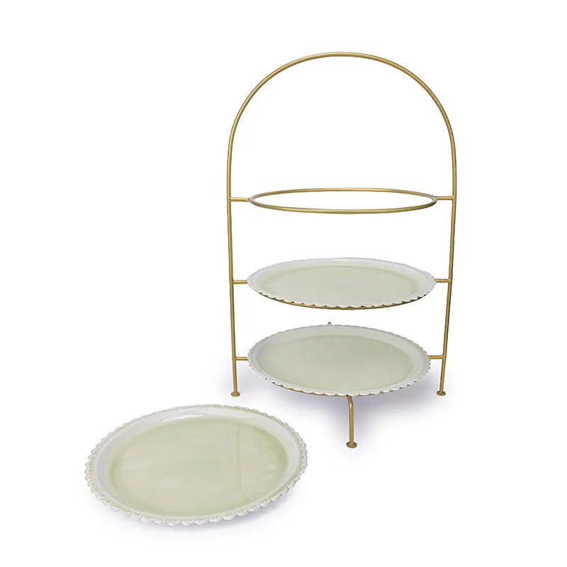 Three Platters Blushing Elegance Cake Stand Green and Gold