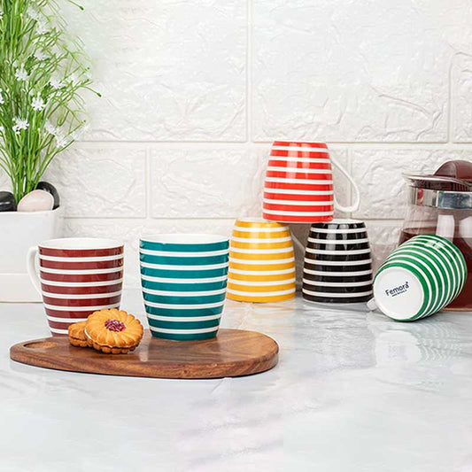 Indian Ceramic Breton Stripes Bone China Multi Color Tea Cup | Set of 6 |160 ML Default Title