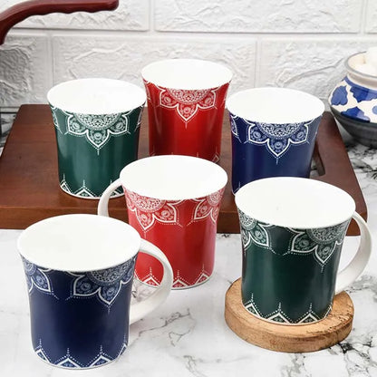 Fine Bone China  Cosmic Mehendi Tea Cups | Set of 6 | 160 ml | Multiple Colors 2 Blue+ 2 Red +2 Green