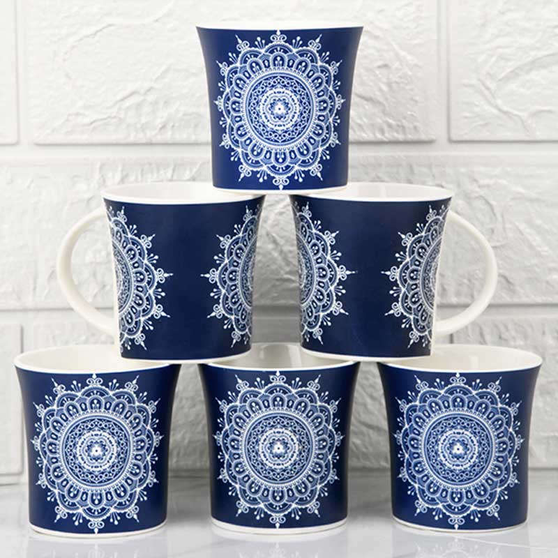 Fine Bone China  Eternal Circle Tea Cups | Set of 6 | 160 ml  | Multiple Colors Blue