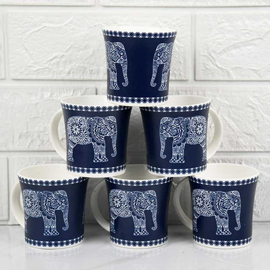 Fine Bone China  Majestic Elephant Design Tea Cups | Set of 6 | 160 ml | Multiple Colors Blue