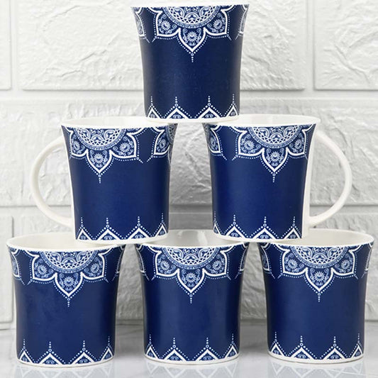 Fine Bone China  Cosmic Mehendi Tea Cups | Set of 6 | 160 ml | Multiple Colors Blue