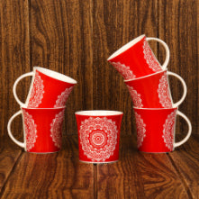 Abstract Lotus Pattern Cups | 160 ml | Set of 6 | Multiple Colors Red
