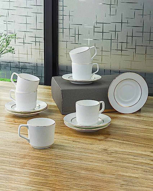 Ceramic Golden Line Vertical Bar White Tea Cups With Saucers | Set Of 6 | 200 Ml
