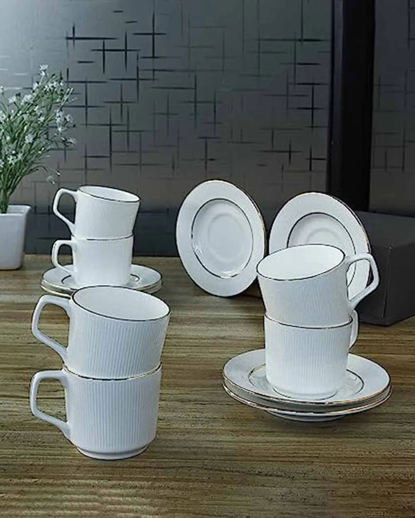 Ceramic Golden Line Vertical Bar White Tea Cups With Saucers | Set Of 6 | 200 Ml