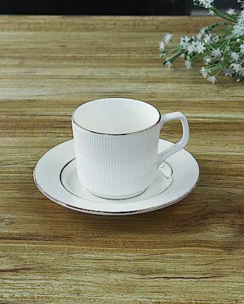 Ceramic Golden Line Vertical Bar White Tea Cups With Saucers | Set Of 6 | 200 Ml