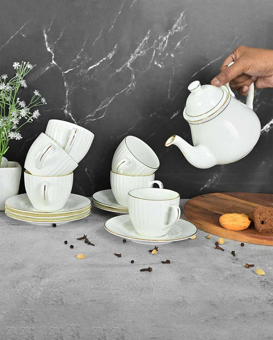 Golden Vertical Line Pattern Ceramic Tea Set | 13 Pieces | 200 ML
