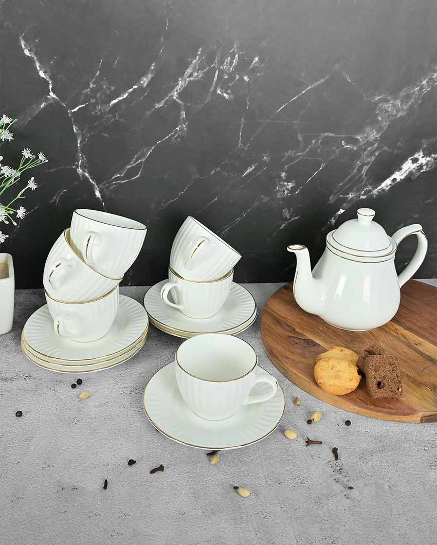 Golden Vertical Line Pattern Ceramic Tea Set | 13 Pieces | 200 ML