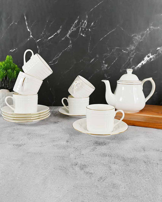 Gold Line Square Cut White Ceramic Tea Set | 13 Pieces | 200 ML