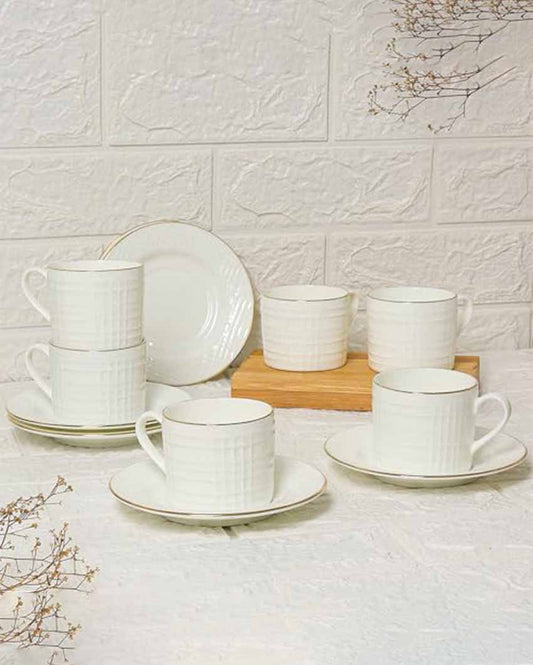 Square Cut Ceramic Golden Line White Tea Cups With Saucers | Set Of 6 | 200 Ml