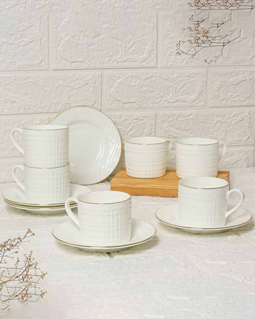 Square Cut Ceramic Golden Line White Tea Cups With Saucers | Set Of 6 | 200 Ml