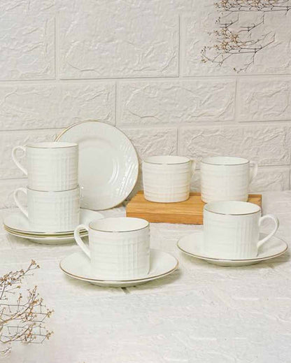 Square Cut Ceramic Golden Line White Tea Cups With Saucers | Set Of 6 | 200 Ml