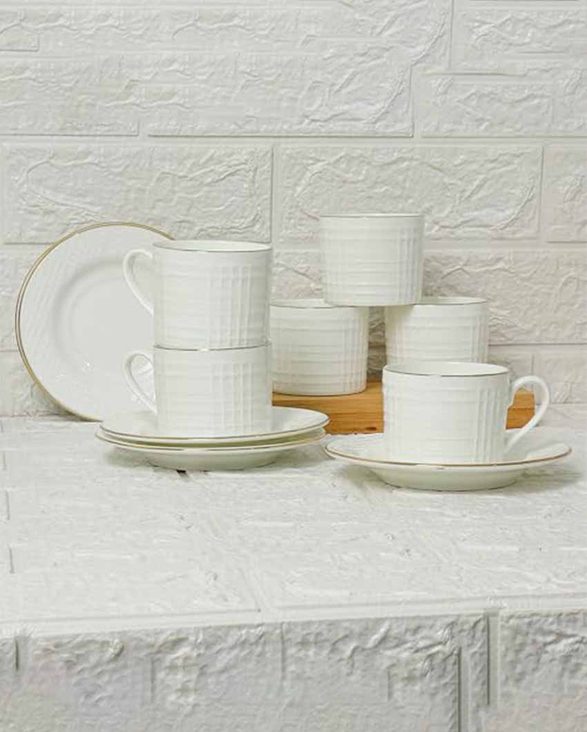 Square Cut Ceramic Golden Line White Tea Cups With Saucers | Set Of 6 | 200 Ml