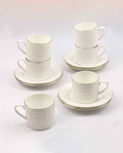 Square Cut Ceramic Golden Line White Tea Cups With Saucers | Set Of 6 | 200 Ml