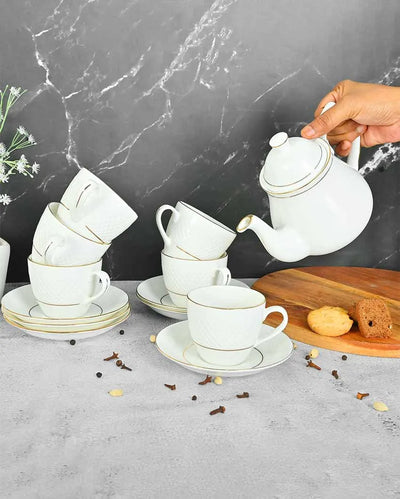 Double Gold Line Diamond Cut Ceramic Tea Set | 13 Pieces | 200 ML