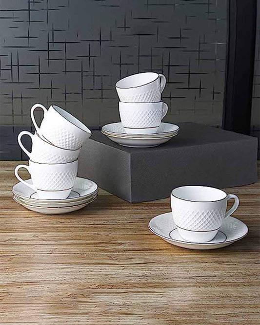 Double Golden Line Diamond Cut White Tea Cups With Saucers | Set Of 6 | 200 Ml