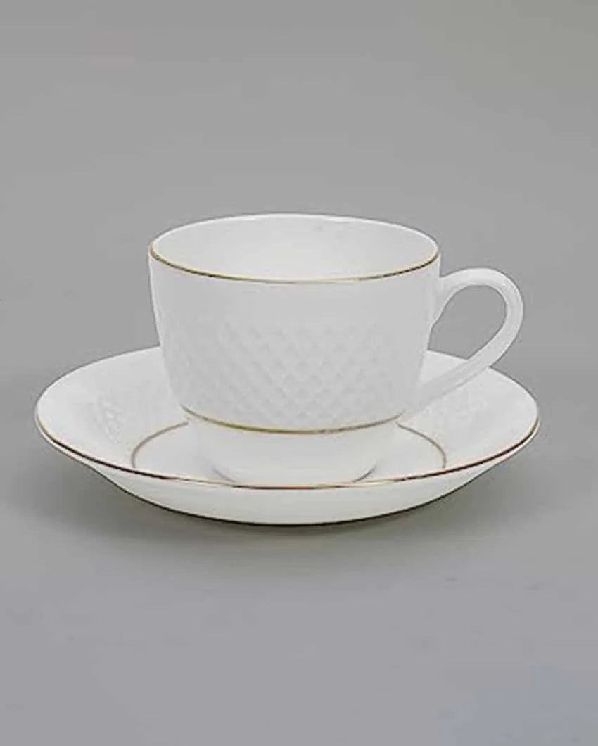 Double Golden Line Diamond Cut White Tea Cups With Saucers | Set Of 6 | 200 Ml