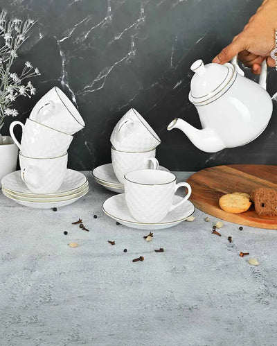 Gold Line Tile Cut Ceramic Tea Set | 13 Pieces | 200 ML