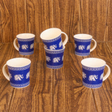 Elephant Parade Pattern Ceramic Cups | 160 ml | Set of 6 | Multiple Colors Blue