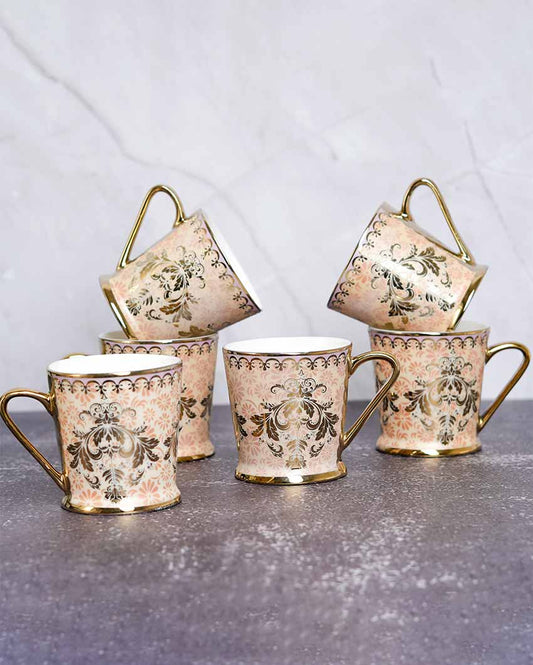 Royal Pink Damask Gold Ceramic Tea & Coffee Cups | Set Of 6 | 180 Ml