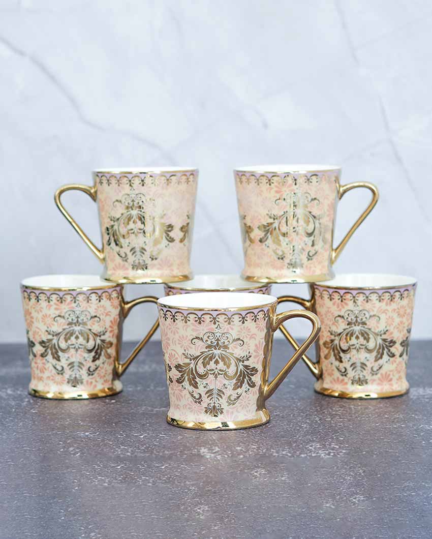 Royal Pink Damask Gold Ceramic Tea & Coffee Cups | Set Of 6 | 180 Ml