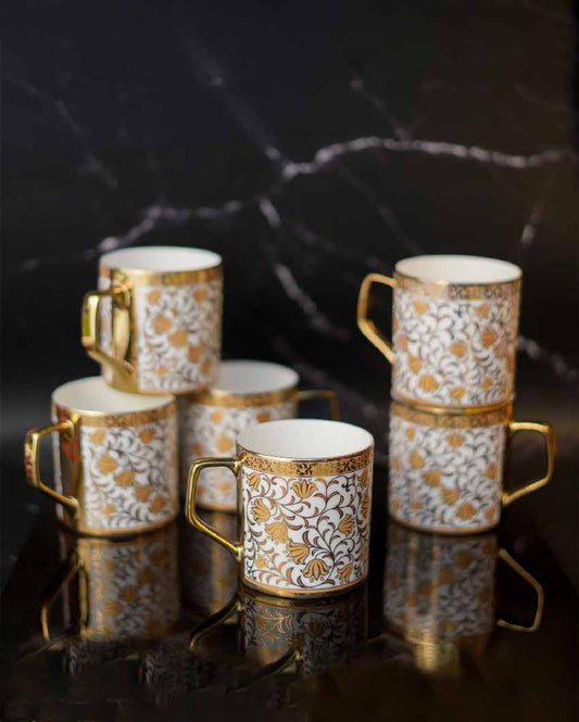 Turkish Floral Pattern Gold Ceramic Coffee & Tea Cups | Set Of 6 | 180 Ml |Not Microwave Safe