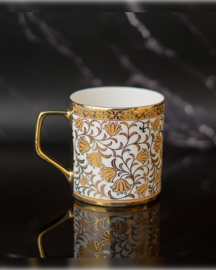 Turkish Floral Pattern Gold Ceramic Coffee & Tea Cups | Set Of 6 | 180 Ml |Not Microwave Safe